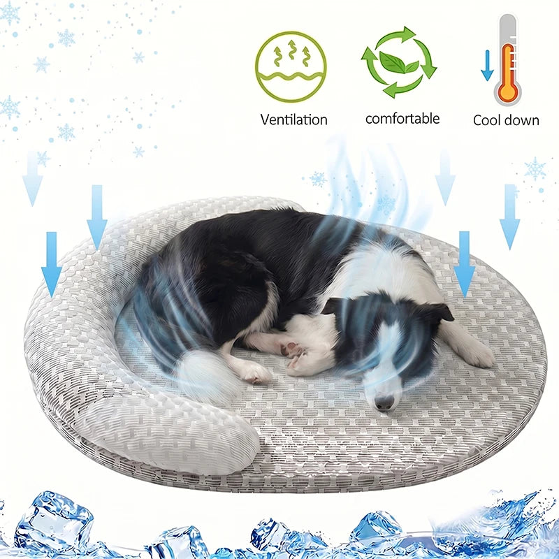 Ice Silk Cooling Pet Bed — Breathable Summer Nest with Bolster Pillow