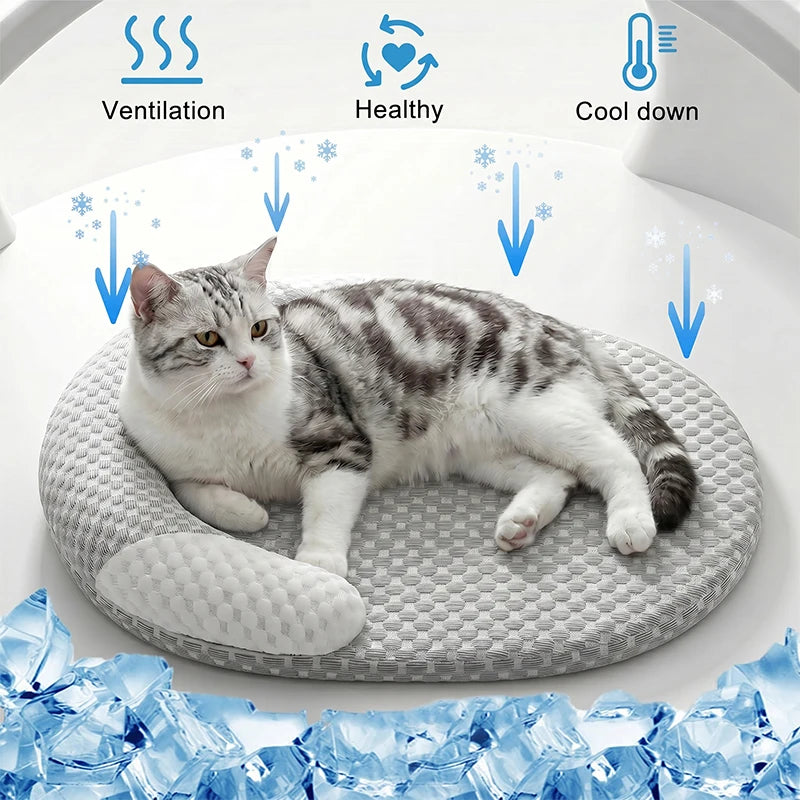 Ice Silk Cooling Pet Bed — Breathable Summer Nest with Bolster Pillow