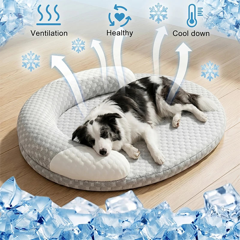 Ice Silk Cooling Pet Bed — Breathable Summer Nest with Bolster Pillow